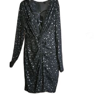 SHEIN Black Star Print Midi Dress V-Neck Sexy Elegant Celestial Whimsigoth L